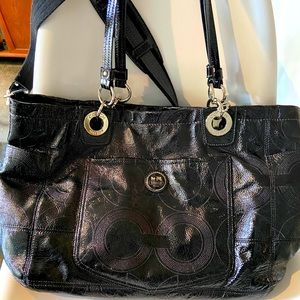 Coach Black Patent Leather Signature Tote with Silver Hardware